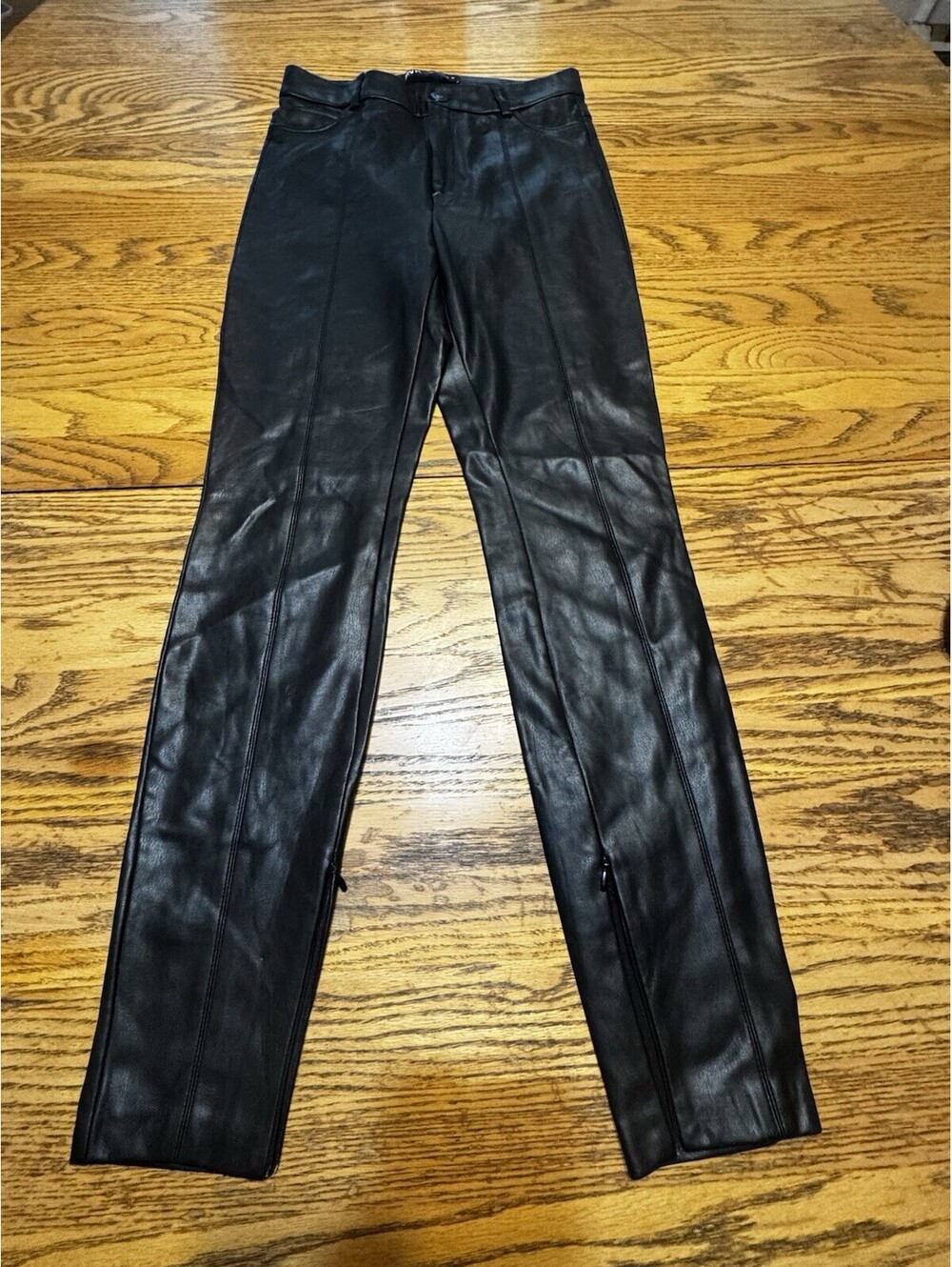 ZARA Womens Faux Leather Pants Small Black Skinny Split Hem Moto Y2K